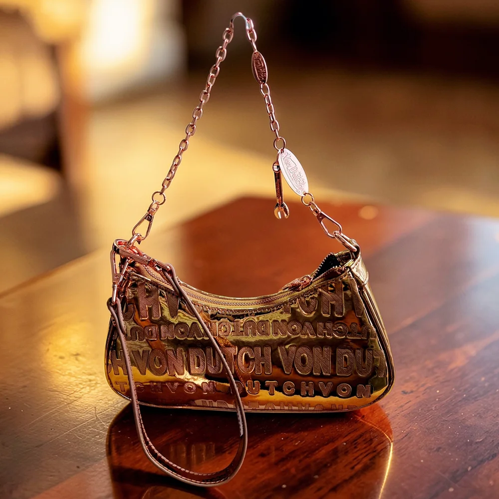 NWT Von Dutch Metallic Rose Gold Y2K Mini Hobo Shoulder Purse with Logo & Chain